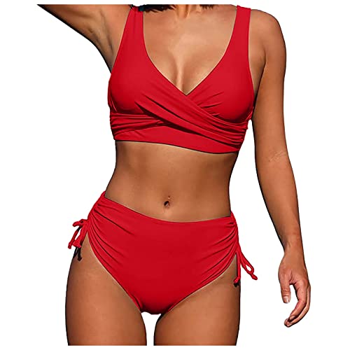 JJPAR Bikini Maillot de Bain Taille Haute Femme 2 Pieces Imprimé Feuilles Tankini Bustier Shorty Sexy Pas Cher Push Up Bresilien Bikini Rembourré Sport Plage Rouge L Cover