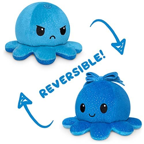 Image of TeeTurtle - The Original Reversible Octopus Plushie - Blue Sparkle + Bow - Cute Sensory Fidget Stuffed Animals That Show Your Mood 4 inch