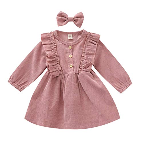Enfant en Bas âge bébé Filles Robes en Velours côtelé à Manches Longues Robe Tutu Bandeau 2 pièces Hiver Printemps Princesse Jupe vêtements (Pink,6-12 Mois) Cover