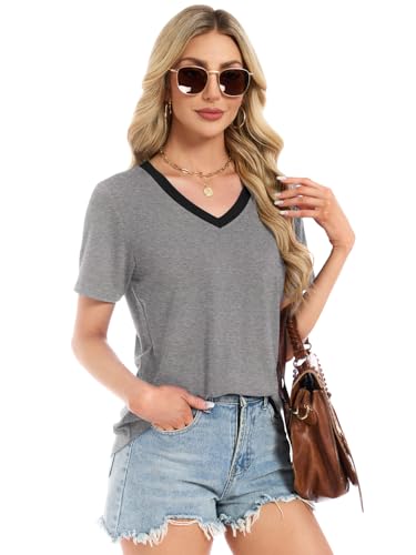 Womens T Shirts Summer Tops Short Sleeve V Neck Loose Fit Blouses Work Plus Size Tunic Vacation Boho Outfits, Grey/Black S — view 5