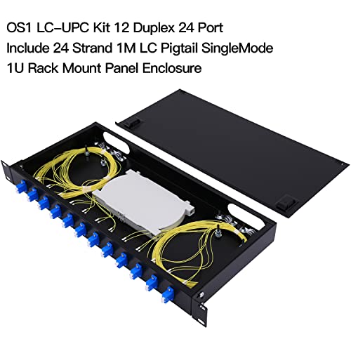 GESD 12 Duplex 24 Port LC-OS1 Rack Mount Enclosure Box + Splice Trays Fiber Cables Spool SingleMode LC-UPC Kit (Include 1M 24Strand Pigtail+24 Core LGX Loaded Patch Panel - Fits 19" Racks Cabinet