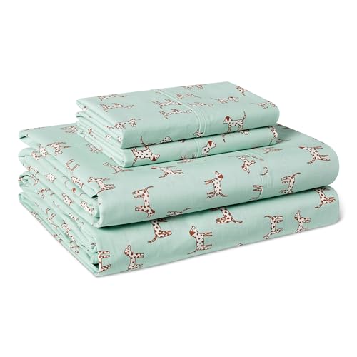Amazon Basics 100% Organic Cotton Kids Sheet Set with Pillowcase Deep Pockets Gets Softer with Each Wash Queen Spotted Dogs Oeko-TEX Certified
