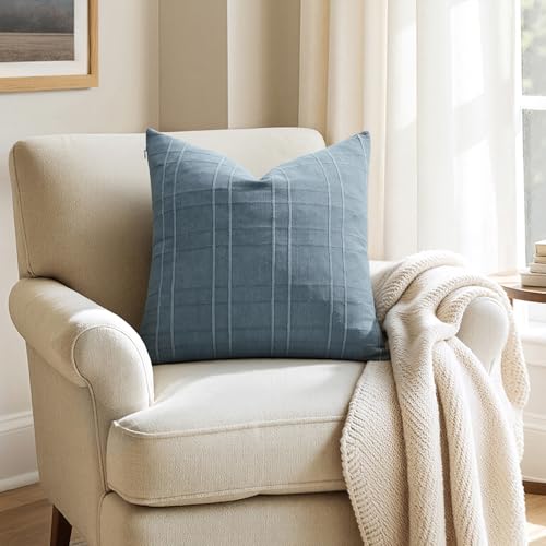 Image of MIULEE Decorative Linen Check Throw Pillow Covers Neutral Farmhouse Vintage Pillow Covers 18x18 Set of 2 Boho Modern Home Decor for Sofa Couch Bedroom Cushion Blue Grey