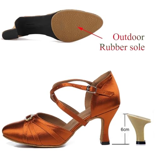 Dancing Shoes for Woman Latin Dance Shoes Ladies Salsa Tango Ballroom Party Sneakers Bronze Rhinestone Satin Girls Sandals(Outdoor 6cm Heel,43)2