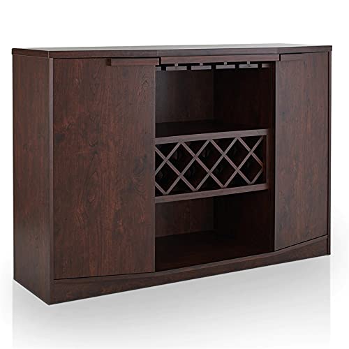 Iohomes Annadel Contemporary Wine Buffet, Wood Sideboard With Glass Rack, Two Shelved Cabinets And Open Bottom Shelf, Vintage Walnut #TOP17