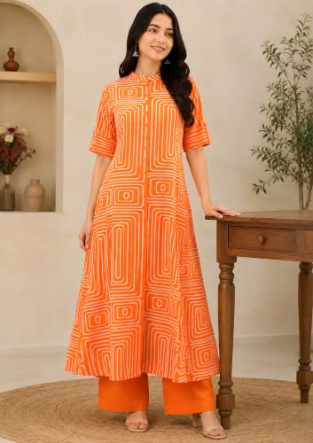 Image of Yash Gallery Women's Cotton Printed A-Line Kurta with Pant Set |Lilac Geometric Print|Mandarin Collar, Front Buttons & Short Roll-Up Sleeves|Casual & Office Ethnic Wear