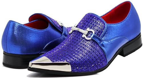 Image of Enzo Romeo Crisino Men Rhinestone Chrome Toe Suede Pointy Buckle Dress Loafer Slip On Shoes (Royal 03, US Footwear Size System, Adult, Men, Numeric, Medium, 9.5)