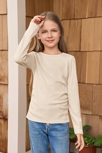 Image of Haloumoning Girls Long Sleeve Shirts Crewneck Ruched Side Slim Fit Tops Ribbed Knit Casual Tee Shirt 4-15 Years
