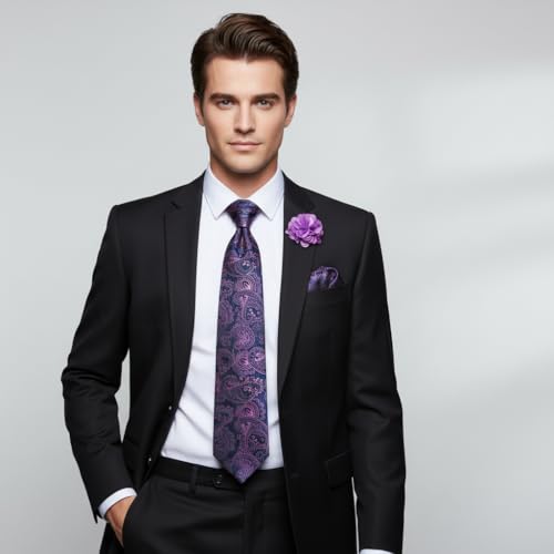 Image of 5PCS Mens Premium Silk Tie, Pocket Square, Cufflinks, Drilled Tie Ring and Lapel Pin Set for Wedding Groom Party