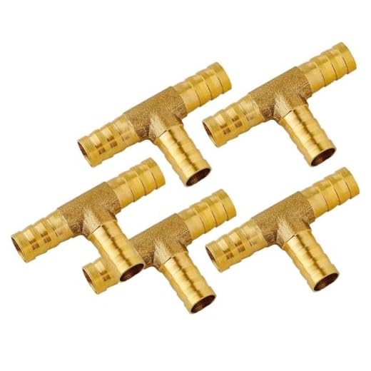 5 Stück Messing-T-Armatur, 3-Wege-Verteilerverbinder für 6/8/10/12 mm Luft-, Wasser-, Heizöl-Schlauch, massives Messing, CNC-gefräst