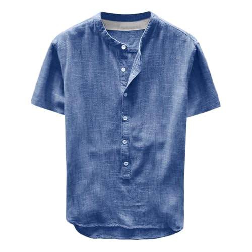 Camisa de lino y algodón para hombre, de manga corta, con botones, cuello de banda, para verano, ligera, ropa de playa, Camisa hawaiana azul marino para hombre, algodón y lino, 3XL