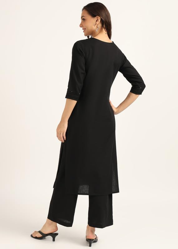 Image of BLOCKS OF INDIA Women's Solid Straight Kurta Set | Hand-Stitched Neck Details with Pintucks | Comfortable Pants with Pockets, Elastic Waist & Drawstring Fit