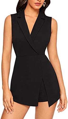 SheIn Women's Notch Collar Sleeveless Blazer Jumpsuit Wrap Solid Short Skort Romper Black Large