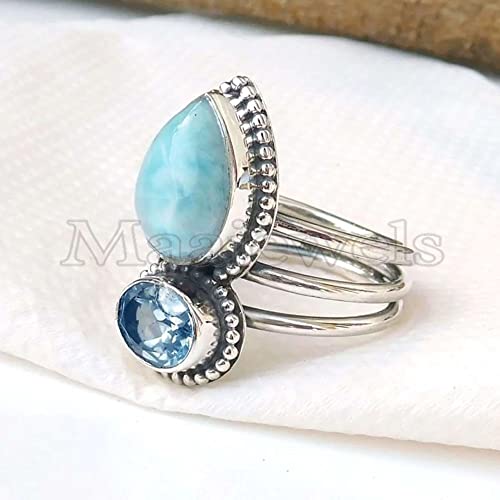 Larimar Ring, 925 Sterling Silver, Multi Stone Ring, Nickel Free, Handmade Jewelry, Natural Larimar & Blue Topaz Ring, Dainty Ring, Statement Gift For Women, Sky Blue Topaz Ring, Gypsy Boho Ring #TOP3