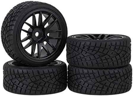Mxfans 12mm Hex Black Plastic 14-Spoke Wheel Rims & Black Striped Pattern Rubber Tires for RC 1:10 On Road Racing Car Pack of 4 20604