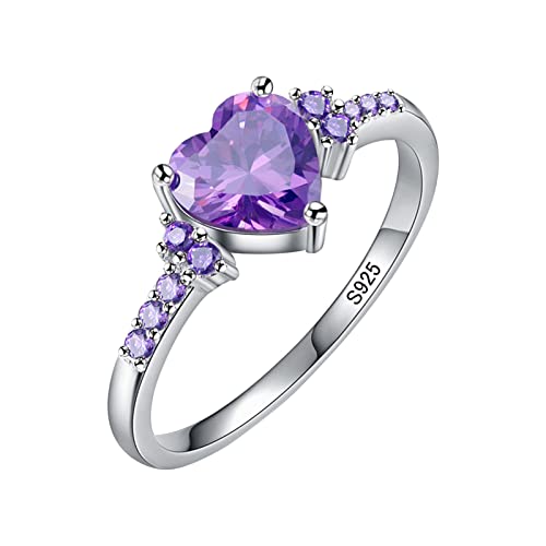 925 Sterling Silver Heart Ring for Women, Heart Band Dainty Engagement Ring Promise Wedding Rings Jewelry (Purple Heart, 8)