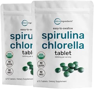 2 Pack Organic Spirulina and Chlorella Supplement, 3000mg Per Serving, 1350 Mini Tablets Each, Rich in Chlorophyll and Antioxidant, No GMOs, Vegan Friendly, Product of Taiwan