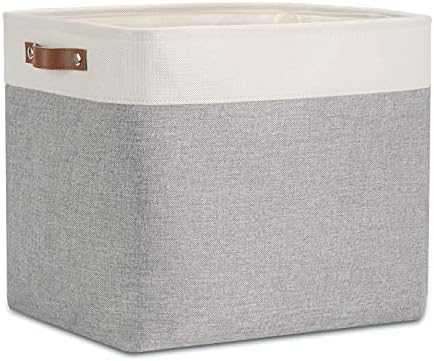 DULLEMELO Large Storage Baskets with Durable Leather Handles, Fabric Storage Bins for Organizing Clothes Toys Books, Canvas Storage Bin for Office Bedroom Closet Nursery Laundry Storage (White&Gray)