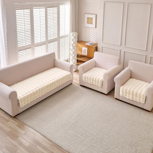 Image of HOKIPO 'FurHug' Luxury Faux Rabbit Fur Sofa Cover Mat 5 Seater (3+1+1), Beige (AR-5010-5)