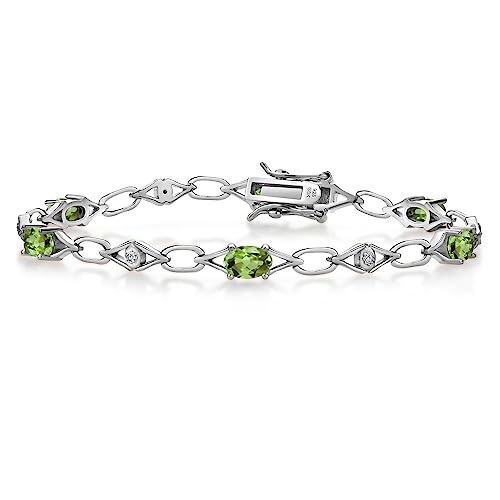 Gem Stone King 925 Sterling Silver Green Peridot and Round White Lab Grown Diamond Tennis Bracelet For Women (3.04 Cttw, Gemstone Birthstone, Oval 6X4MM, 7.25 Inches)