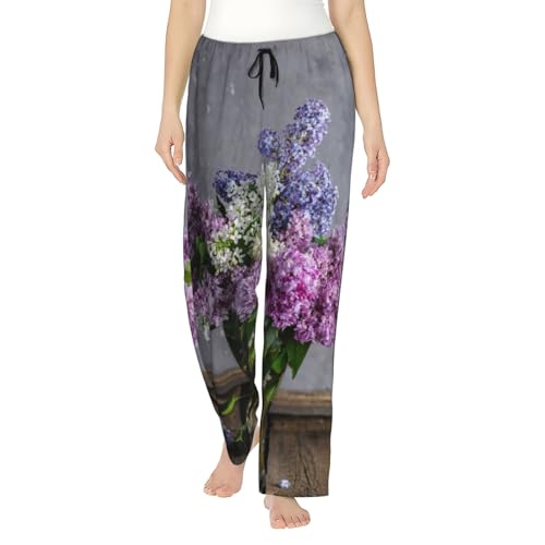 Pantalon de pyjama femme ample en polyester imprimé fleurs lilas avec poches