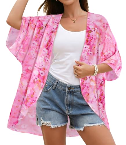 Image of CHICGAL Womens Floral Kimono Cardigan Beach Cover Up Casual Summer Tops | 2026 Puff Sleeve Open Front Chiffon Outfit,Hawaiian Shirt,Beach Vacation Swimwear, Plus Top,Boho ladies Blouse,Cruise Resort