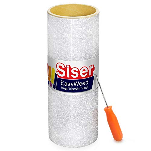Siser Glitter Heat Transfer Craft Vinyl Roll 5ft x 10 Inch Roll Including Stainless Steel Weeding Tool (White)