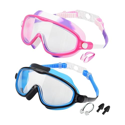 Gafas de natación para niños, antivaho y UV, con clip para la nariz y correa ajustable para los oídos, sin fugas, para niñas de 3 a 14 años, piscina, playa, buceo, deportes acuáticos