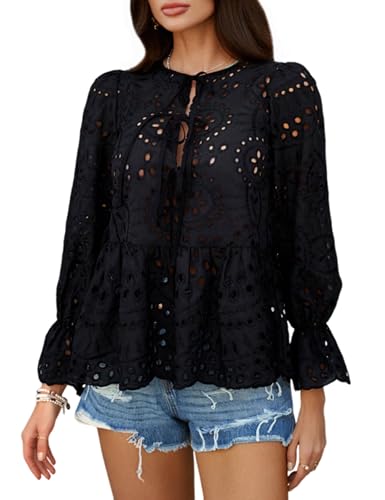 Women's Tie Front Peplum Blouses Puff Long Sleeve Babydoll Bow Shirts Hollow Out Eyelet Lace Tops