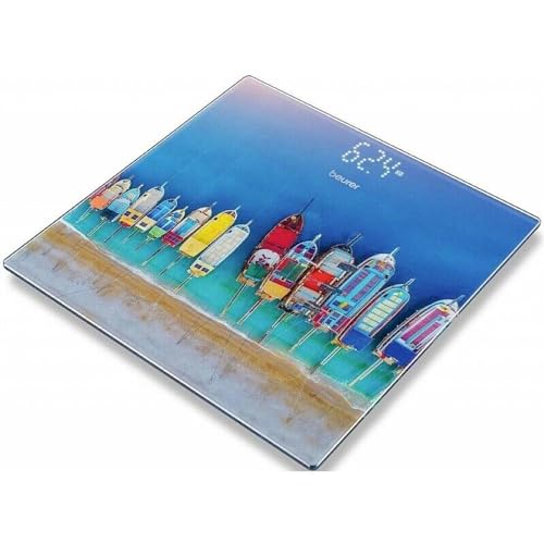 Beurer GS-215 - Báscula digital de vidrio con diseño barcas, pantalla LCD invisible, dígitos 2.7cm, 180 kg / 100 gr, vidrio seguridad, indicador batería baja, multicolor