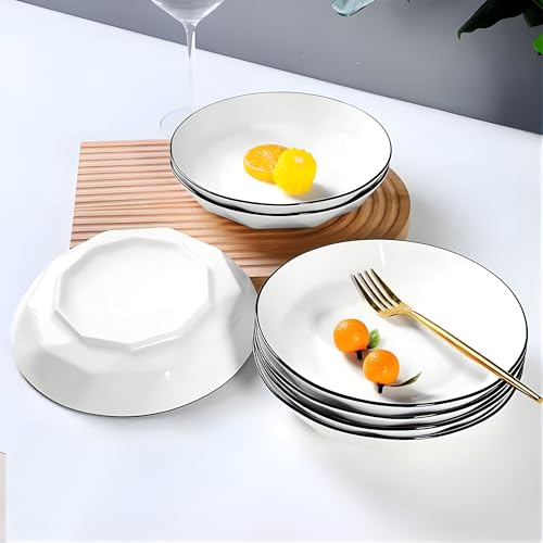 Image of Premium White Ceramic Pasta Dishes Set of 2, 8-Inch Large Shallow Salad Plates with Elegant Black Rim, Modern Geometric Faceted Design, Stackable, Microwave & Dishwasher Safe Dinnerware