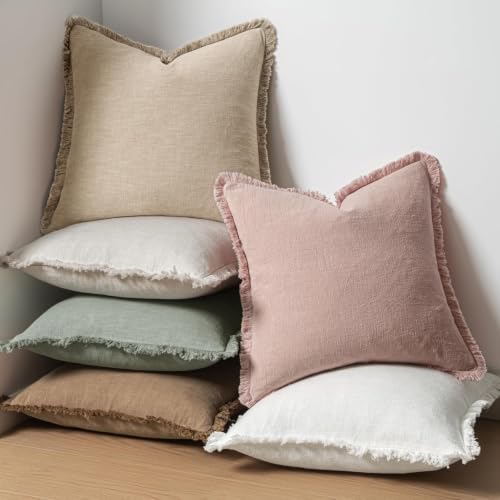 Image of MIULEE Linen Fringe Decorative Euro Throw Pillow Covers Light Pink 22x22