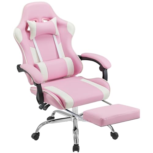 DUMOS Gaming Office Desk Chair with Footrest and Headrest for Adults, PU Leather Ergonomic Video Computer Chair with Linkage Armrests, Height Adjustable 360° Swivel Recling Chair, New Pink