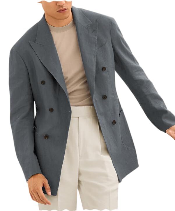 Mens Cotton Linen Suit Jacket Blazer Vintage Lightweight Casual Blazer Double Breasted