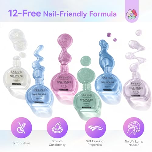 Image of SAVILAND Quick-Dry Aurora Nail Polish Kit: 6+1 Colors Nail Polish Set with 3-in-1 Base Top Coat Cuticle Oil Pearl Glitter Pink Blue Green 12-Free Fingernail Polish Home DIY for Women Gift