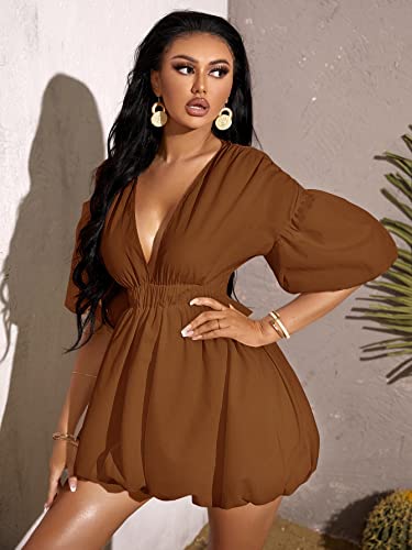 WDIRARA Women's Deep V Neck Puff Sleeve High Rise Flare Dress Elastic Waist Dress3