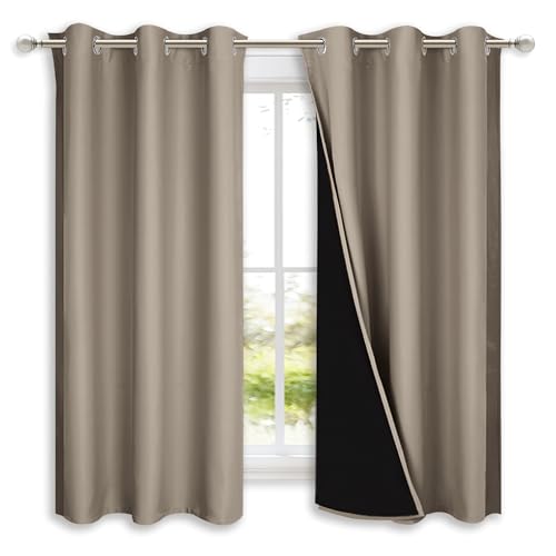 Image of NICETOWN 100% Blackout Curtains with Black Liners, Solid Thermal Insulated Full Blackout 2-Layer Lined Drapes, Energy Efficiency Window Draperies for Bedroom (2 Panels, 42 inch W by 63 inch L, Taupe)