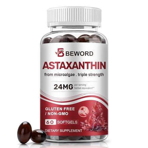 BEWORD Astaxanthin 24mg with MCT Oil 60/120 Softgels 2-Month Supply | Premium Antioxidant Supplements | Natural Microalgae Triple Strength | Supports Skin & Eye Health | Non-GMO Gluten & Soy-Free