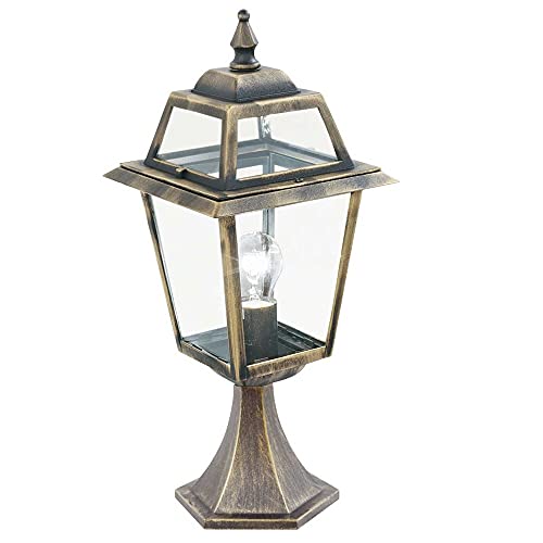 Britalia Black Gold & Clear Glass Panel Outdoor Vintage Lantern Post Pedestal Light | IP44 Exterior Rating | Ideal for Gardens - Driveways - Patio Lighting | 1 x E27 Lamp Required (Not Included)