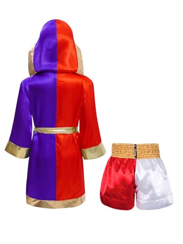 Kids Boys Boxing Kickboxing Outfit Long Sleeve Color Block Satin Hooded Cloak with Metallic Belt Boxer Shorts Set2