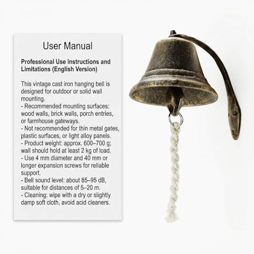 image for QWORK Cast Iron Vintage Hanging Bell – Loud Rustic Wall Bell for Far