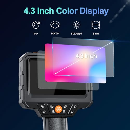 SKYBASIC Endoscope Camera with Light, 4.3\'\' LCD Screen HD Digital Handheld Borescope IP67 Waterproof Snake Camera Sewer Inspection Camera with 8 LED Lights, 3 Accessories, Semi-Rigid Cable -5M(16.5FT) - Thumbnail 3
