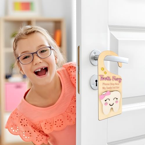 Wooden Tooth Fairy Door Hanger with Cute Coins Holder Gift for Lost Teeth Kids Tooth Fairy Pick up Box for Lost Tooth Kids Gifts (Pink) — 사진 6
