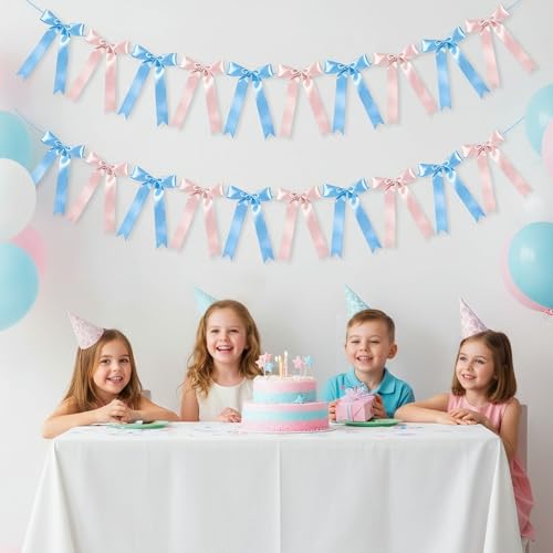Image of NatNarr 2 Pcs Gender Reveal Party Decor, Pink and Blue Garland Banner Satin Ribbon Party Decorations Pre-Strung Bow Decor Banner for Baby Shower Wedding Birthday Parties