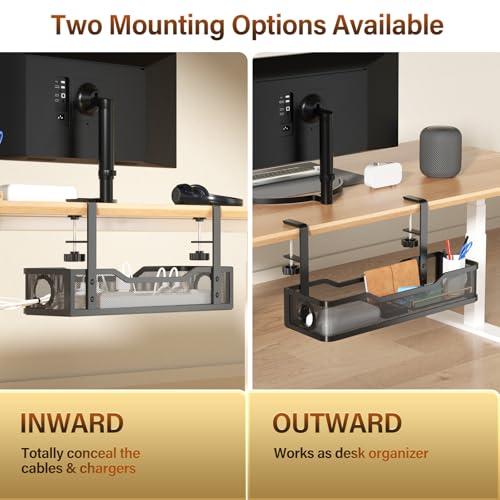 Image of Under Desk Cable Management Large, Cinati 16 inch Cable Management Box for Table Thickness up to 3 inch, Wire Cord Organizer with Clamp No Drill, No Damage to Desk (Black)