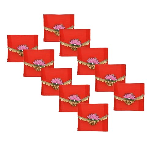 Sanvatsar Decorative Gift Envelope, Orange Fabric with Lotus Brooch and Gold Coin Border (Red, 10)