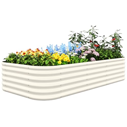 Quictent Raised Garden Bed Kit Oval Galvanized Metal Planter Box Tall for Vegetables Outdoor Backyard, Strengthened by Crossbar, Beige 8x4x1.5 ft 8x4x1.5 ft Beige
