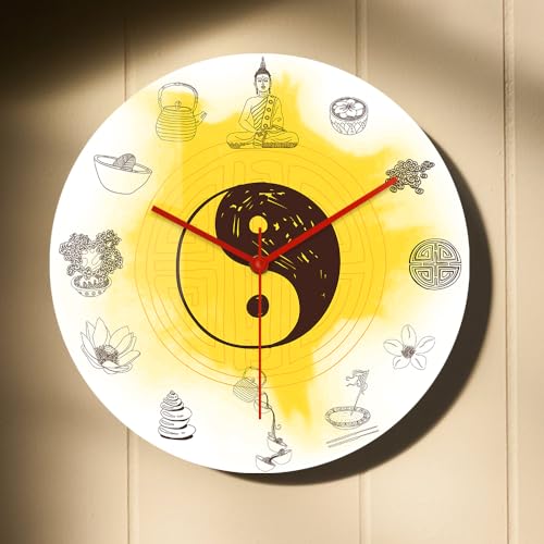 Timethink 15 Inch Feng Shui Elements Inspirational Wall Clock, Buddhism Decorative Clock Watch Silent Quartz Non Ticking Battery Operated Yoga Relaxation and Recreation Wall Art Clock for Living Room