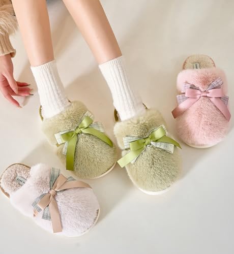Slippers for Women Cute Coquette Bow Slippers Warm Plush Fluffy Lined House Winter Home Shoes Women Indoor Outdoor3