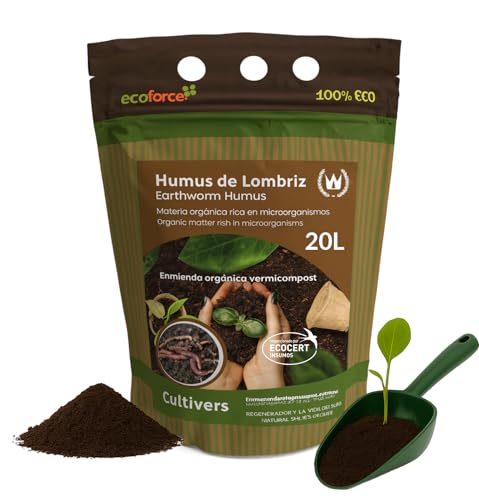 CULTIVERS Humus de Lombriz Ecológico 20 L Universal. Abono para Plantas. Fertilizante Orgánico 100% Natural. Reconstituyente del Suelo